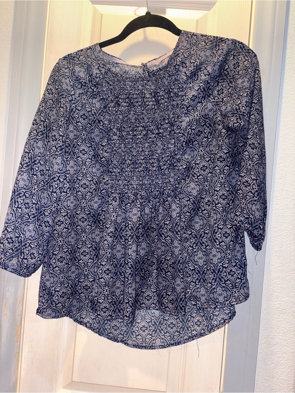 Navy Printed Smocked Front Women's Blouse